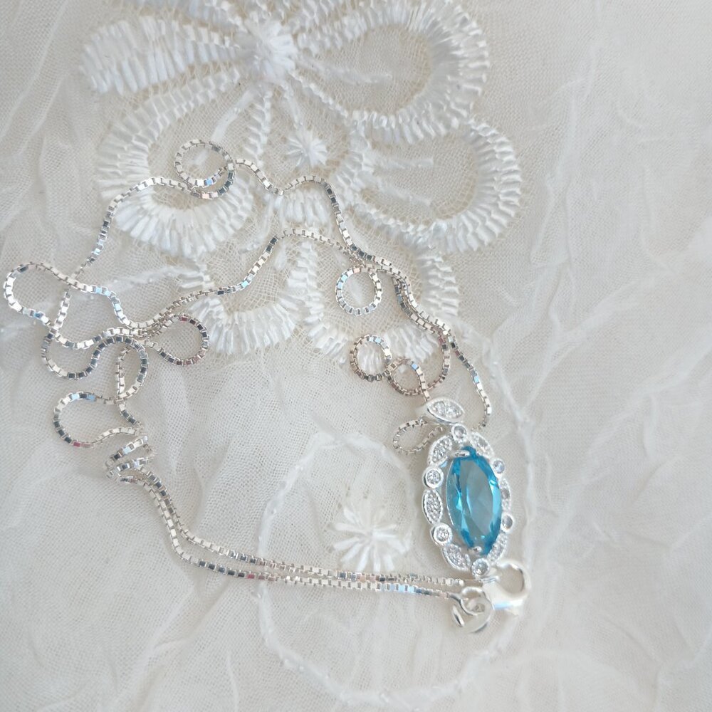Blue Topaz Cubic Zirconia JC 925 Sterling Silver Necklace 18" Box Included ~ NIB - Picture 5 of 9
